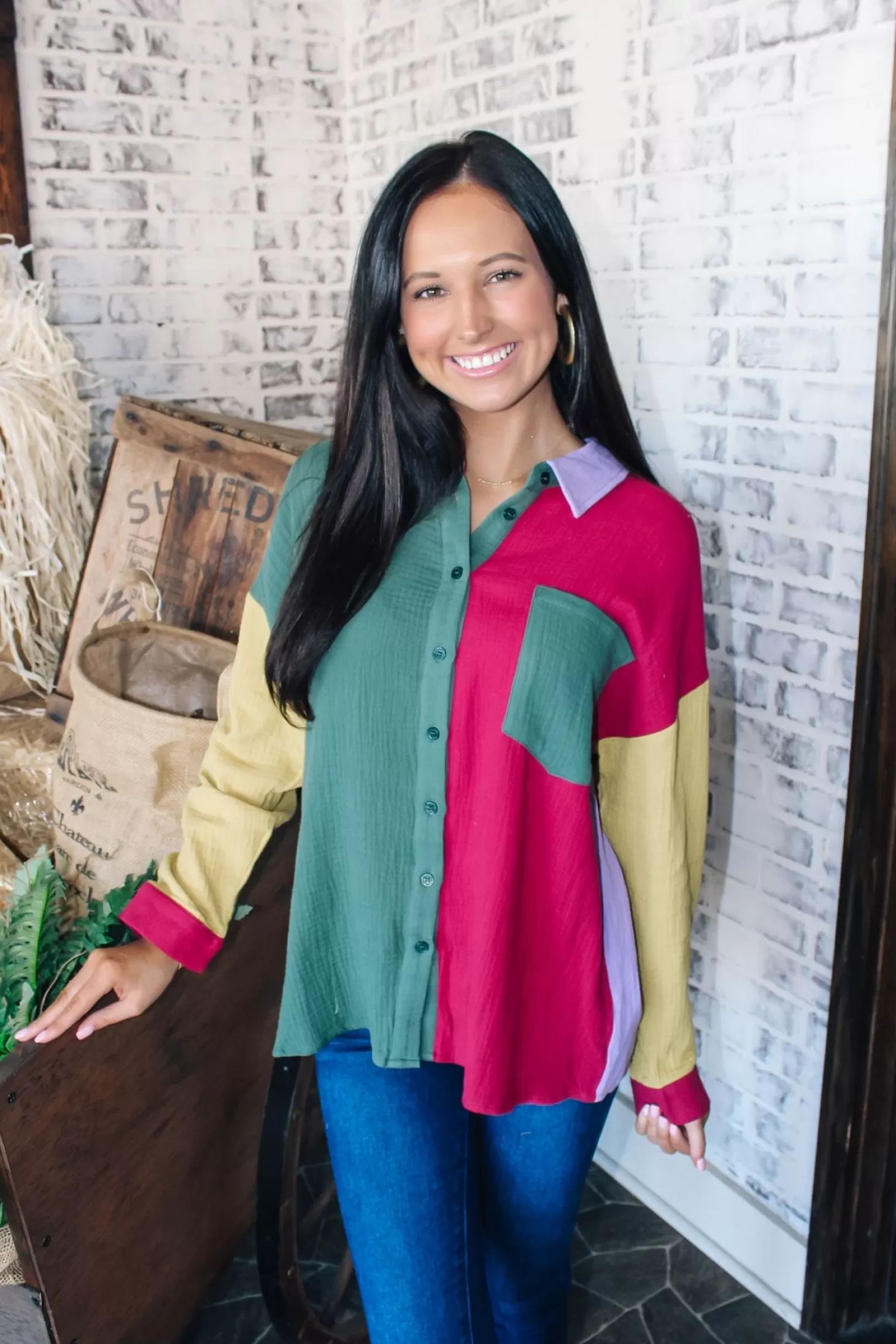 Allie Lynn's Boutique Solid Tops<Colorblock Button Down "Forest/Magenta"