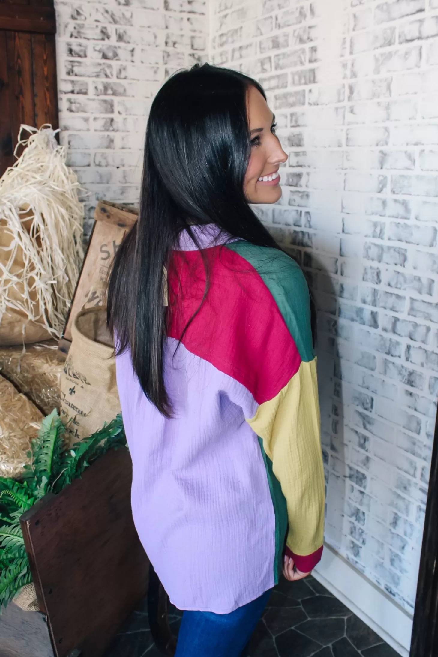 Allie Lynn's Boutique Solid Tops<Colorblock Button Down "Forest/Magenta"