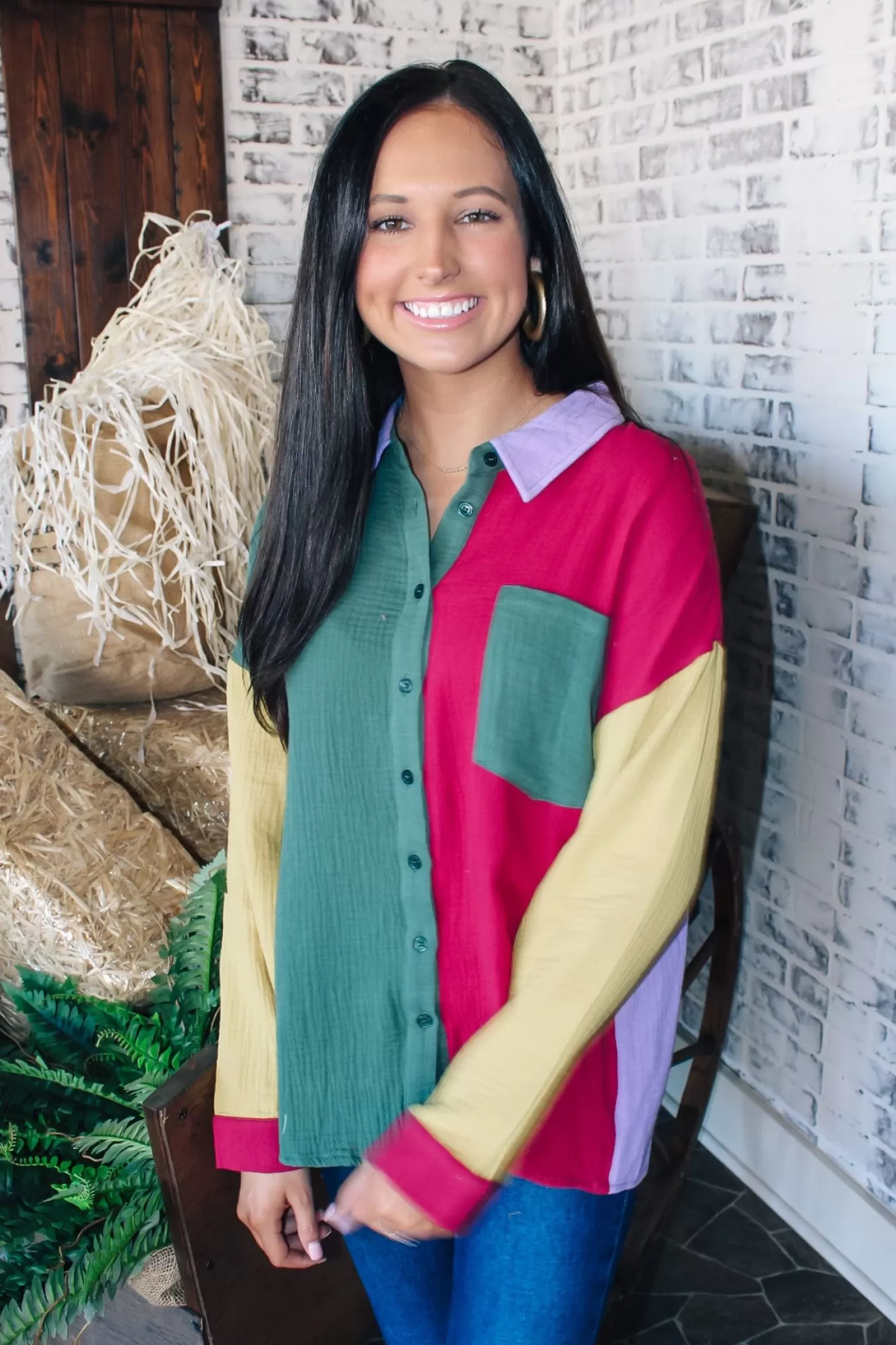 Allie Lynn's Boutique Solid Tops<Colorblock Button Down "Forest/Magenta"